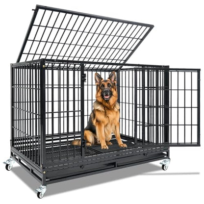 Homey Pet Heavy Duty Dog Crate for Large Dogs, 47 Inch Stackable Large Dog Cage with 4 Wheels, 2 Removable Trays and Grids, Multi Locks Strong & Solid Escape Proof Dog Kennel Indoor - size: 46.5"L x 28.5"W x 35"H