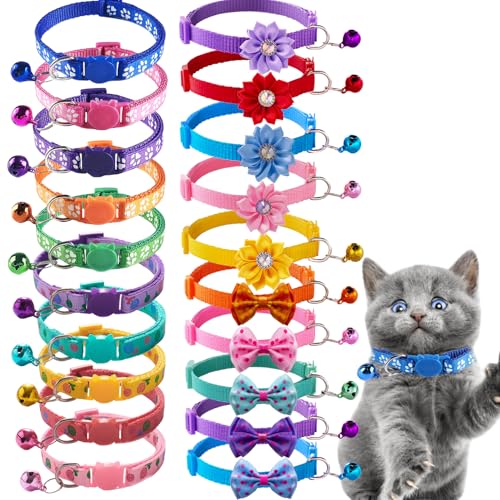 20PCS Cute Cat Collars Breakaway with Bell, Kitten Bow Tie Collar for Boy Cats and Girl Cats Gifts Flower Pet Collar