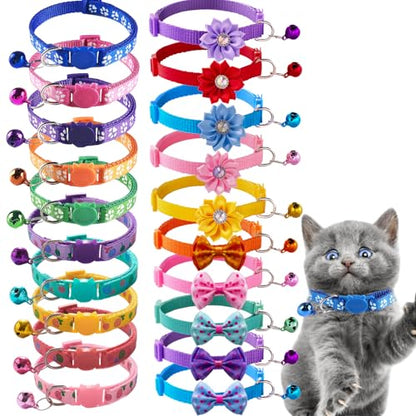 20PCS Cute Cat Collars Breakaway with Bell, Kitten Bow Tie Collar for Boy Cats and Girl Cats Gifts Flower Pet Collar