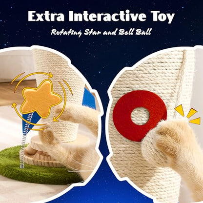 Cat Scratching Post, Rocket Cute Sisal Cat Scratcher with Durable Solid Wood Turntable Toy, Cat Scratch Post Red Cat Scratcher with Spinning Star Toy for Indoor Adult Cats - color: Blue Rocket