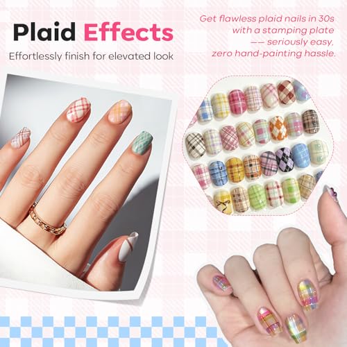 Modelones 16PCS Plaid Nail Stamping Kit – French Tip Stamper White Black Painting Gel Polish Chrome Powder Proof Matte Gel Top Coat Gingham Template Dual Nail Art Brush Summer Manicure Gift for Women - color: A A A1 Classic Plaid Elegance