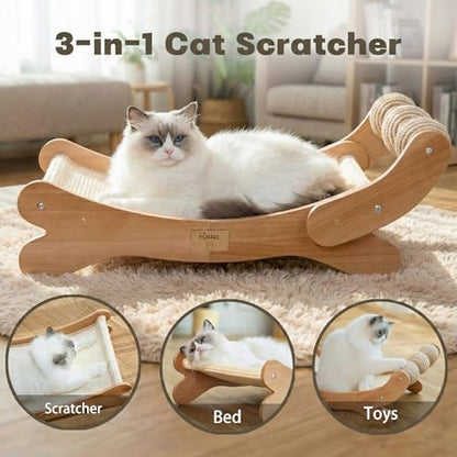 Sisal Cat Scratcher Bed with 3 Toy Balls for Indoor Cats, Durable Wooden 3-in-1 Hammock Lounge & Scratch Pad - Modern Furniture for Large Cats, Scratching Post Lounger - size: Extra Large
