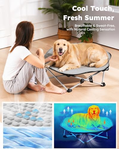 Pecute Elevated Dog Bed with Cooling Blanket, Chew Proof Outdoor Pet Cot for Large Dogs, Tool-Free Assembly & 360° Breathable Mesh for Summer Camping, Orthopedic Joint Support, XL, 38.2×35.4×7.9" - size: XL(38.2 × 35.4 ×7.9'')