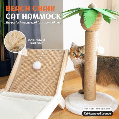 PETKARAY Beach Chair Cat Hammock, Elevated Cat Beds for Indoor Cats, Original Cozy Lounger with Sisal Scratcher and Toy Ball - color: White Plush