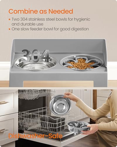 Feandrea Dog Bowls Elevated, Raised Stand with 1 Slow Feeder and Two 304 Stainless Steel Bowls, Adjustable Height and Tilted Design, Dove Gray UPRB103GD01 - color: Dove Gray