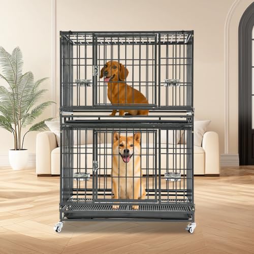 Homey Pet 37 Inch Heavy Duty Dog Crate Indestructible, Collapsible Dog Cage with Lockable Wheels, Removable Tray, High Anxiety Dog Kennel Indoor, Two Tiers Stackable Dog Crates for Medium Dogs - size: 37"L - 2 Tiers