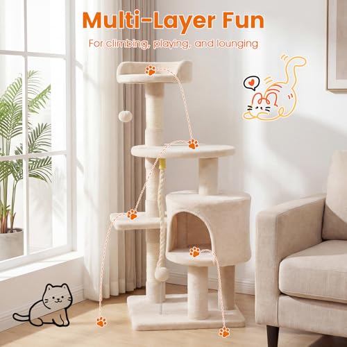 PETSITE 36-inch Multi-Level Cat Tree, with Sisal Scratching Posts, Comfy Top Perch, Cozy Condo, Playful Sisal Rope and Spring Ball, and Dangling Ball, Ideal for Indoor Cats and Kittens (Beige) - color: Beige