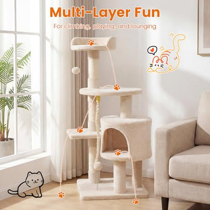 PETSITE 36-inch Multi-Level Cat Tree, with Sisal Scratching Posts, Comfy Top Perch, Cozy Condo, Playful Sisal Rope and Spring Ball, and Dangling Ball, Ideal for Indoor Cats and Kittens (Beige) - color: Beige