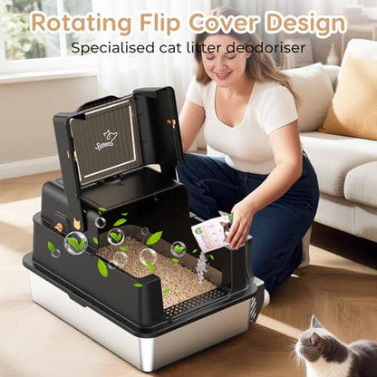 L8 Max-XXXL Stainless Steel Litter Box with Lid, 28" L x 20.5" W x 17.4" H Large Cat Litter Box for Big Cats, Cat Litter Deodorizer Included, High Sided Enclosure with Scoop & Mat, Anti-Leakage-Black - color: Black