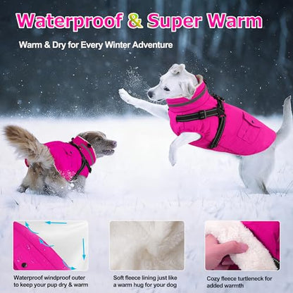 Dog Coat with Harness, Waterproof Warm Dog Winter Jacket with Pockets, Reflective Pet Fleece Jacket Turtleneck Snowsuit for Small Medium Large Dogs - Pink, XS - color: Pink, size: X-Small(Chest:13.3" Back:9.8" Neck:10.2")