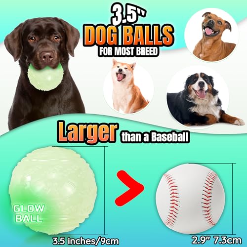 LECHONG 4-Pack 3.5” Glow Squeaky Dog Balls,Bouncy Glow in The Dark Dog Ball with Squeaker, Durable Dog Rubber Ball Toys Glowing Fetch Balls for Medium Large Dogs Nighttime Playing Indoors & Outdoors - size: 3.5in Large