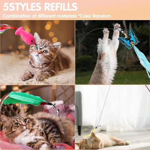 Retractable Cat Toy Wand, 12 Packs Interactive Cat Feather Toys, 9 Assorted Teaser Refills with Bell for Kitten (Pink) - size: 12 PCS