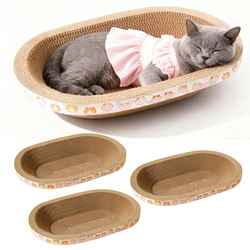 3 Pack Large Cat Scratcher Cardboard, Oval Cat Scratcher Bed Cat Scratch Pad Board Lounge Couch for Indoor Cats Bowl Shaped Cat Scratching Post Nest for Cats Grinding Claw Furniture Protector - size: L(17.5"x13.6"x3")