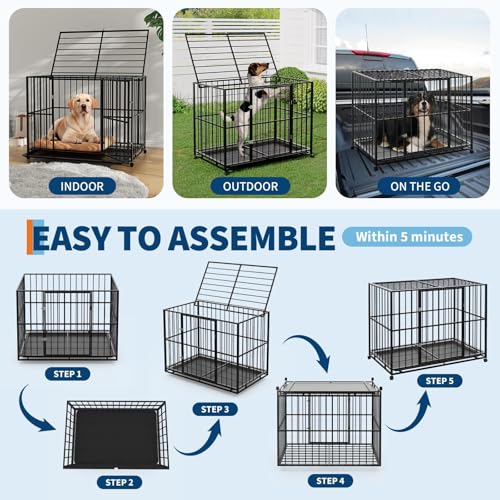 42 Inch Dog Crate for Medium Sized Dogs, Heavy Duty Stainless Steel Dog Kennel Indoor Escape Proof with Wheels and Removable Tray, Indestructible Dog Cage Stackable for Medium Small High Anxiety Dogs - size: 42 inch