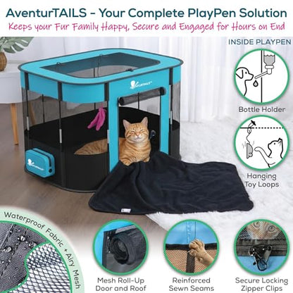 Portable Foldable Dog & Cat Playpen - Indoor Outdoor Travel - Medium Collapsible Pet Play Pen for Small Dogs, Puppies & Kittens - Lightweight Enclosure with Breathable Mesh, Fleece Liner & Carry Bag