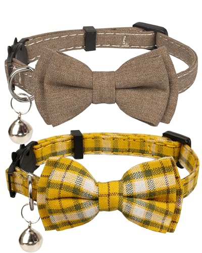 Cat Collar Breakaway Bowtie Safety with Bell Adjustbale Kitten Puppy Solid Plaid Color Set D-[2pcs] Brown - color: D-[2pcs] Brown