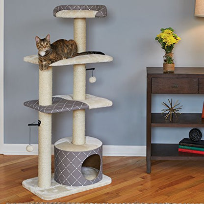MidWest Homes for Pets Cat Tree | Tower Cat Furniture, 5-Tier Cat Tree w/Sisal Wrapped Support Scratching Posts & High Cat Look-Out Perch, Mushroom/Diamond Pattern, Large Cat Tree - size: Tower Cat Furniture, Mushroom Diamond Pattern