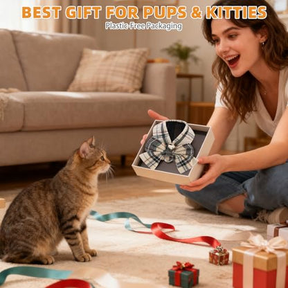 KOOLTAIL Cute Cat Harness and Leash Set with Bowtie, Small Dog Vest Harnesses, Step in No Pull Soft Mesh Padded Adjustable Plaid Pet Harness for Extra-Samll Medium Puppy Kitten, Boy Girl, Beige XS - color: Beige, size: XS (Chest Girth: 11.5"-12.8")