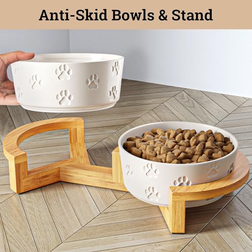 Ceramic Dog Bowls with Stand - Medium Dog Bowl Set with Stand Non-Slip - 2 Ceramic Dishes with Anti-Skid Bamboo Stand for Medium Dogs - Elevated Dog Bowls Set of 2 - Raised Pet Feeding Station - color: White with Stand, size: Medium