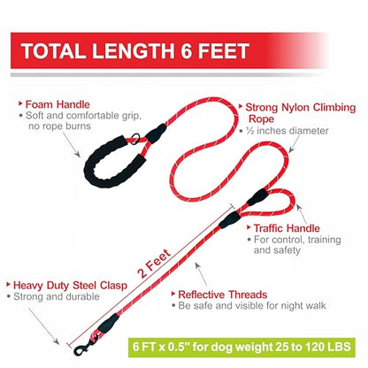 Dog Leash Heavy Duty 6ft, Double Handle Dog Leash with Padded Handle for Traffic Control, Reflective Rope Leashes for Large and Medium Dogs Night Control Safety Training (Red) - color: Red (25 to 120 lbs)