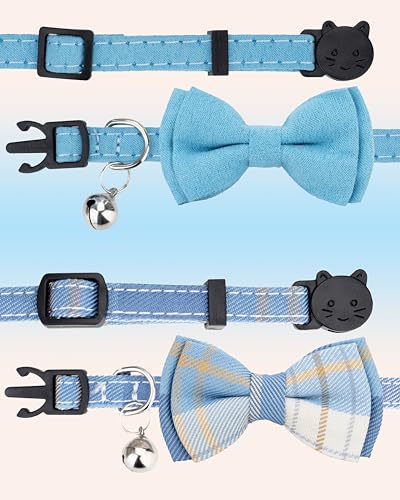 Cat Collar Breakaway Bowtie Safety with Bell Adjustbale Kitten Puppy Solid Plaid Color Set J-[2pcs] Blue - color: J-[2pcs] Blue
