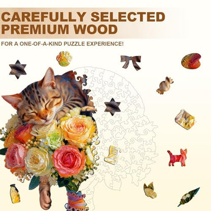 Cat Flower Bouquet Puzzles Adults Gifts Wooden 205 Pieces 13.4 * 12.0in - color: A Cat Flower Bouquet, size: Large