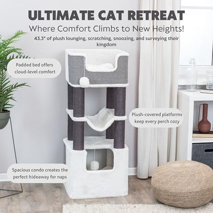Trixie Lucano 43.3-in XXL Cat Tree, Indoor Cat Furniture with Jute Scratching Posts, Sisal and Plush Covered Condo, Dangling Interactive Toys, Gray - color: Gray, size: 43" Tall