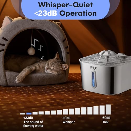 Stainless Steel Cat Water Fountain – 2.2L/74oz Ultra-Quiet Pump, Visible Water Level, Dual Flow Modes – Automatic Pet Water Dispenser for Cats & Small Dogs - color: Silver