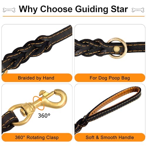 Guiding Star Double Handle Leather Dog Leash 6ft, Heavy Duty Braided Dog Leash with Traffic Handle for Small Medium & Large Dogs (Black, 6ft x 5/8 inch) - color: Black