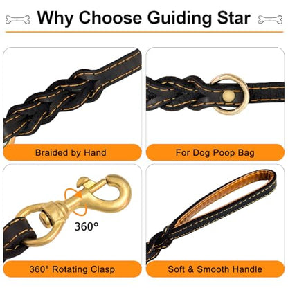 Guiding Star Double Handle Leather Dog Leash 6ft, Heavy Duty Braided Dog Leash with Traffic Handle for Small Medium & Large Dogs (Black, 6ft x 5/8 inch) - color: Black