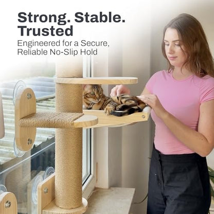 4-in-1 Window & Wall Mount Cat Wall Shelves – Hammock, Scratching Post & Perch | Fits up to 40 lbs | Space-Saving Pet Furniture for Windows, Glass & Drywall | Modern Wood Cat Shelf Set