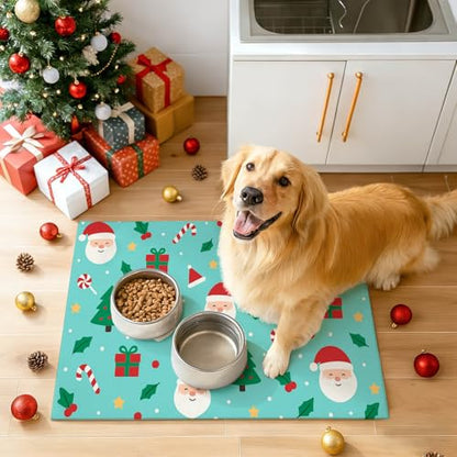 HOMETITUTE Cute Christmas Themed Pet Food Mat Green Santa Print Dog Feeding Mat Non Slip Mats for Cat Food and Water Bowls 20" x 12" Dog Bowl Mats Pets Placemat Easy Clean Christmas Pet Supplies - color: Green