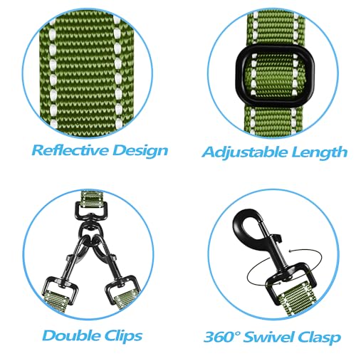 Double Dog Leash, No Tangle Dual Leash, Reflective Walking Training Lead, 4 Comfortable Padded Handles for 2 Dogs with Collapsible Bowl and Waste Bags (Khaki Green, Large) - color: Khaki Green