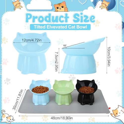 3 Pcs Elevated Cat Bowls 15°Raised Cat Food Bowl with Silicone Mat Whisker Friendly Anti Vomiting Cats Dishes Pet Food and Water Bowls for Indoor Cats Kittens Classic Blue, Black, Green Colors - color: Blue, Black, Green