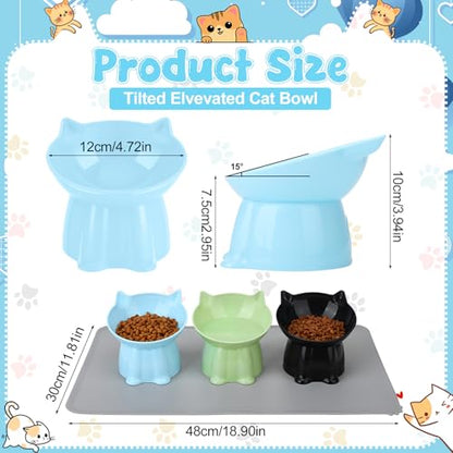 3 Pcs Elevated Cat Bowls 15°Raised Cat Food Bowl with Silicone Mat Whisker Friendly Anti Vomiting Cats Dishes Pet Food and Water Bowls for Indoor Cats Kittens Classic Blue, Black, Green Colors - color: Blue, Black, Green