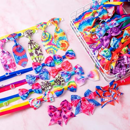 Reginary 100 Pieces Dog Bow Tie Collar Set Include 40 Dog Neckties, and 30 Puppy Bowties, 30 Collar Flowers, Adjustable Pet Ties Grooming for Small Medium Cats Pets Supply(Tie-dye) - style: Tie-Dye