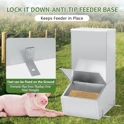 1.5 Bushel Hog Feeder, Automatic Single Door Pig Trough with Heavy Duty Galvanized Steel, Multipurpose Livestock Feeder for Supplemental Feeding and Outdoor Use (Single Door)