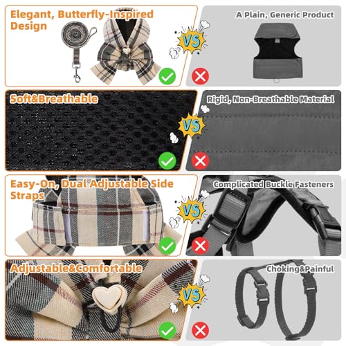 KOOLTAIL Small Dog Harness and Leash Set, Cute Puppy Vest Harnesses with Bowtie, Step in No Pull Soft Mesh Padded Adjustable Plaid Pet Harness for Extra-Samll Medium Dogs Cats, Boy Girl, XS-M, Beige S - color: Beige, size: S (Chest Girth: 13.5"-14.8")
