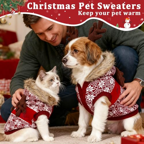 Dog Sweater Soft Dog Outfit with Hoodie Warm Snowflake Reindeer Dogs Cats Knitwear Clothes for Cold Weather Classic Colorful Design Sweater, Medium - size: Medium