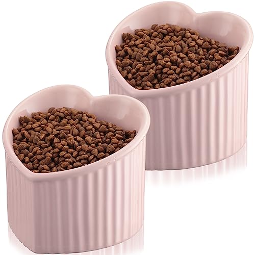 Mumufy 2 Pcs Ceramic Elevated Cat Bowls Tilted Elevated Raised Pet Bowls Anti Vomit Cat Dish for Indoor Stress Free Water Dish Feeder for Puppies, Heart Shaped(Pink) - color: Pink