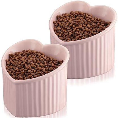 Mumufy 2 Pcs Ceramic Elevated Cat Bowls Tilted Elevated Raised Pet Bowls Anti Vomit Cat Dish for Indoor Stress Free Water Dish Feeder for Puppies, Heart Shaped(Pink) - color: Pink