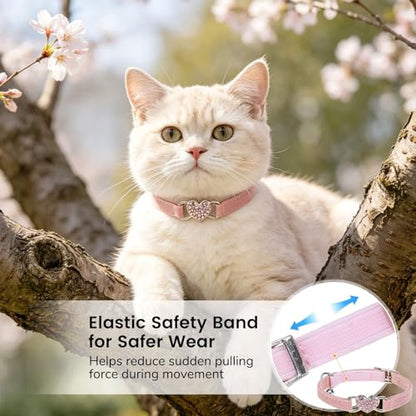 BINGPET Diamond Cat Collar,Adjustable Soft Velvet Leather Safe Kitten Collar with Crystal Heart Charm and Bells,Girl Boy Bling Stylish Cat Collars with Safety Elastic (Pink, Neck Girth 6"-8") - color: Pink(Heart), size: Neck Girth 6"-8"