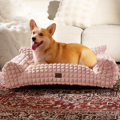 Cute Small & Medium Dog Couch Bed – Supportive & Fluffy Pet Sofa with Faux Rabbit Fur Washable Cover in 3D Diamond Pattern, 36" Pink - color: Pink, size: Large: 36"L x 27"W x 10"Th