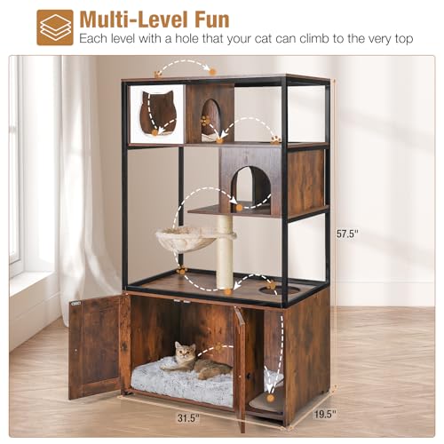 Cat Litter Box Furniture Enclosure 4 Levels Cat Tree Hidden Cabinet with Storage and Scratch,4 Tiers
