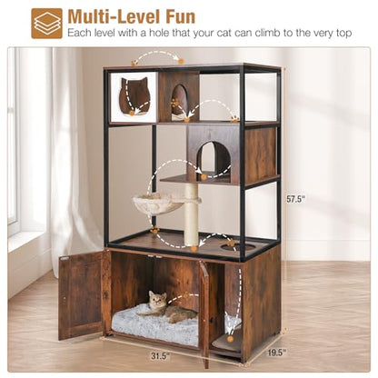 Cat Litter Box Furniture Enclosure 4 Levels Cat Tree Hidden Cabinet with Storage and Scratch,4 Tiers