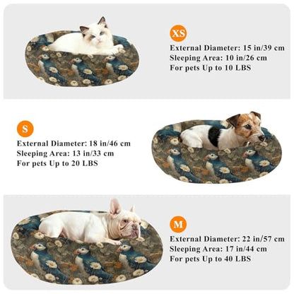 Pet Bed Lovely Puffins Flora Cat Snuggler Soft Winter Cushion, Cozy Round Bolster Nest for Indoor Kittens & Small Pets 15" - size: X-Small
