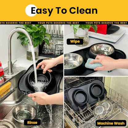 Conlun Dog Bowls with Silicone Feeding Mat, No Spill Food Water Dish Set, Dishwasher Safe, 2 Stainless Steel Puppy Bowls, Suitable for Tiny Dogs Kittens Cats Rabbits Pets under 8lbs, Extra Small,Black - color: Black, size: Extra Small-5 oz