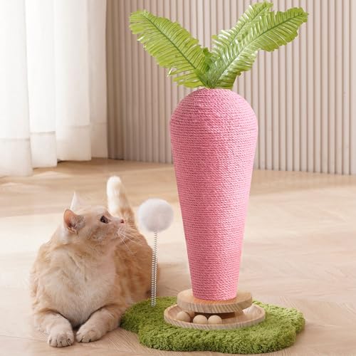 Cute Cat Scratching Post, Carrot Cat Scratcher Post with Durable Natural Wooden Turntable Toy and Catnip, 24'‘ H Carrot Shape Design Sisal Cat Tree Sisal Scratcher for Indoor Cats (Cloud Base) - color: Pink Carrot