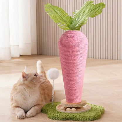 Cute Cat Scratching Post, Carrot Cat Scratcher Post with Durable Natural Wooden Turntable Toy and Catnip, 24'‘ H Carrot Shape Design Sisal Cat Tree Sisal Scratcher for Indoor Cats (Cloud Base) - color: Pink Carrot