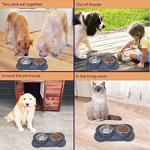 Stainless Steel Dog Bowls with Silicone Mat, Non-Skid Pet Feeder, No-Spill Design, Rust-Resistant Cat Dishes, Easy to Clean, Grey